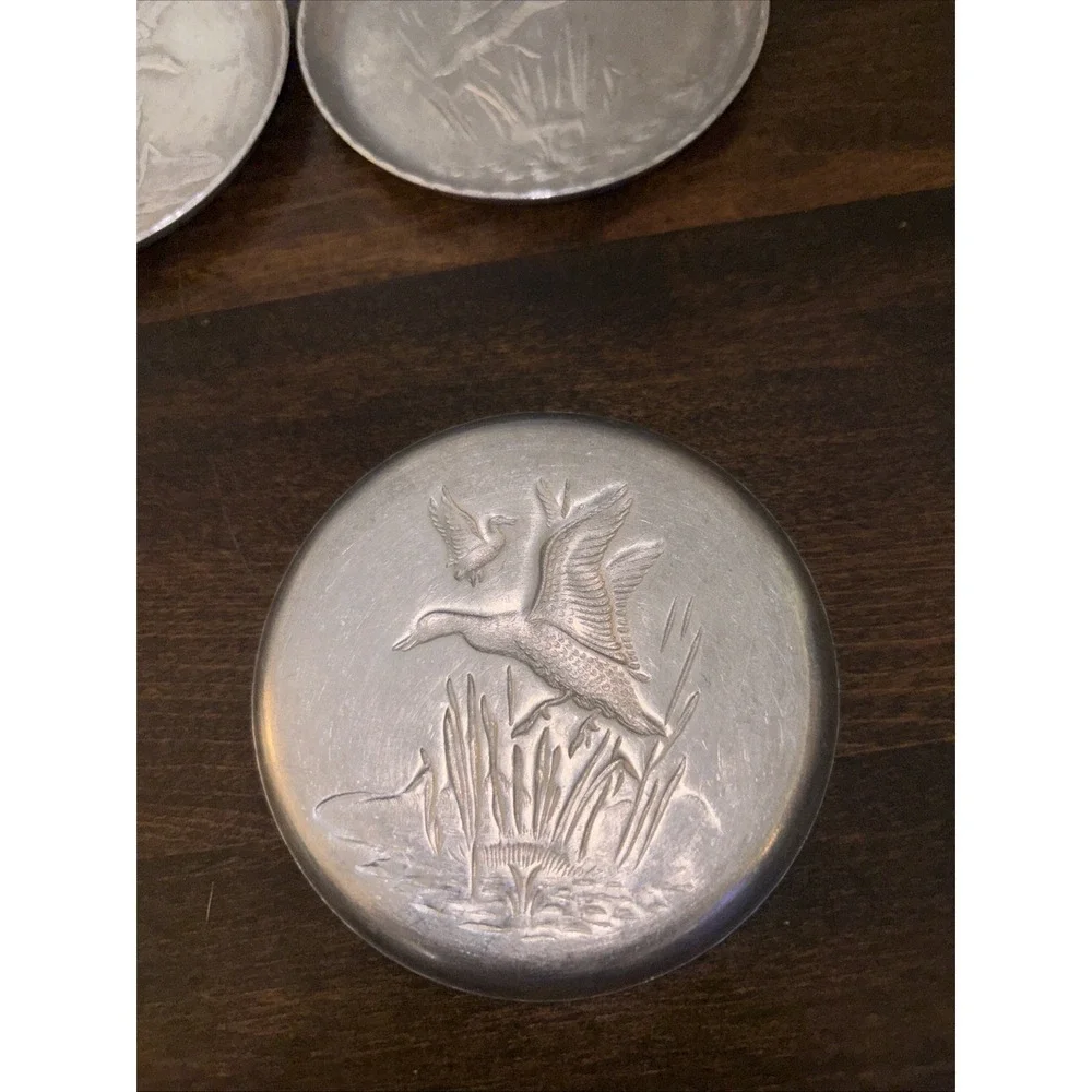 Vtg Round Aluminum Pressed Metal Duck Marsh Scene Coasters 3.25